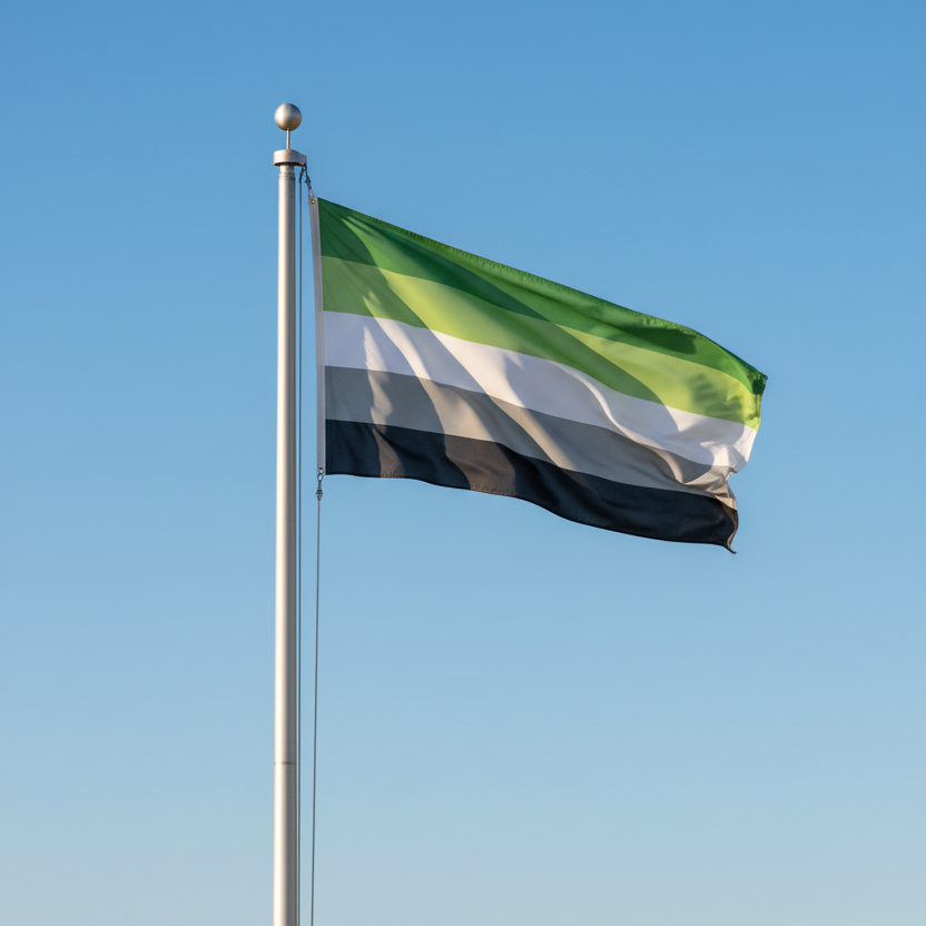 aromantic pride flag attached to a flagpole waving in the breeze. The flag has stripes of dark green, light green, white, grey, and black