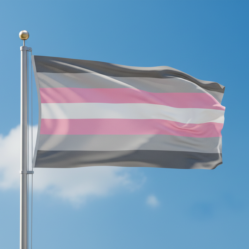demigirl pride flag attached to a flagpole and waving in the breeze with a blue sky in the background. The flag has 7 stripes, dark grey, light grey, pink, white, pink, light grey, and dark grey.