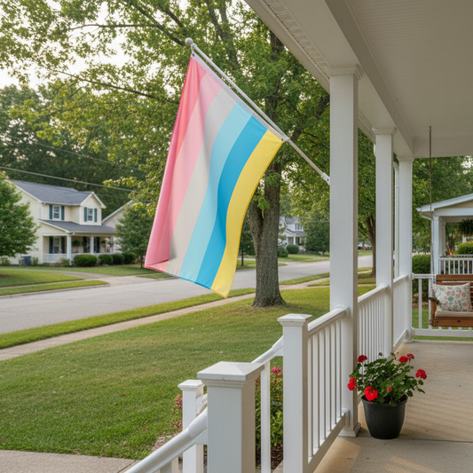 genderflux pride flag flying from a front porch in a modest neighborhood. The flag has 6 stripes, dark pink, light pink, grey, light blue, dark blue, and yellow.