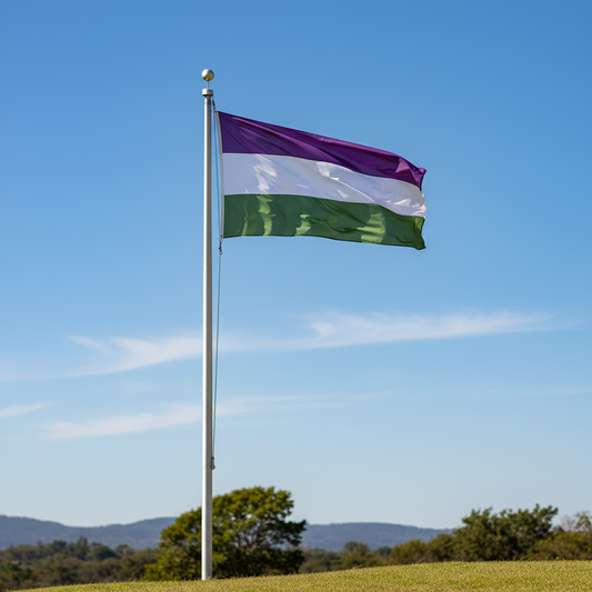 A tricolor flag with horizontal purple, white, and green stripes flies on a silver flagpole outdoors against a clear blue sky with distant trees and hills.