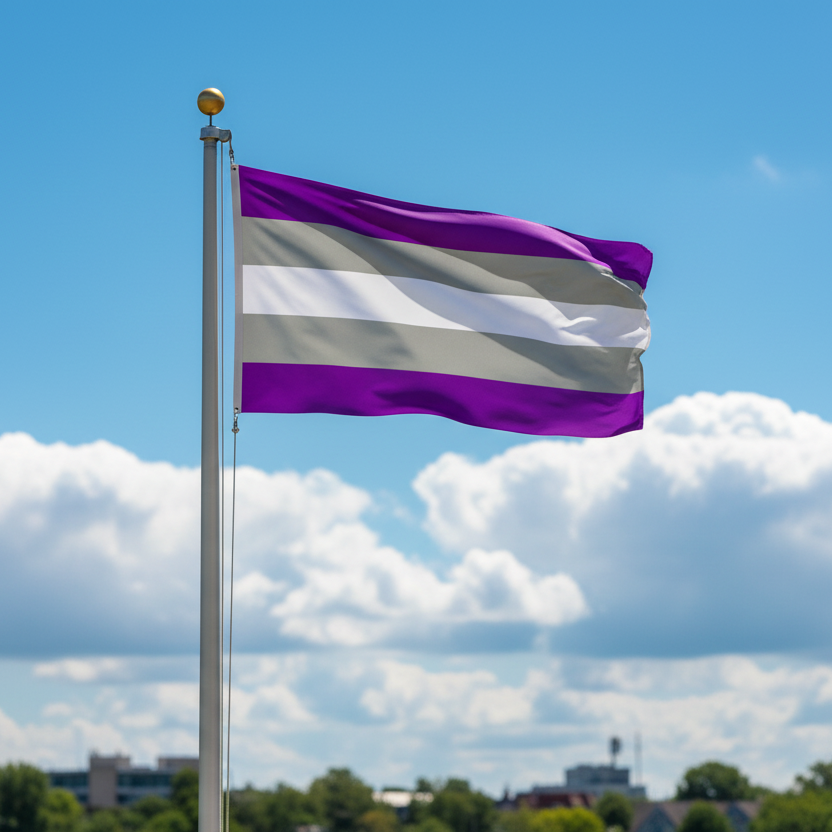 A purple, white, and gray striped flag waving on a silver flagpole against a bright blue sky with white clouds.