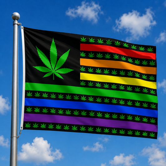 A cannabis pride flag with a black canton featuring a large green leaf and horizontal rainbow stripes, flying on a silver flagpole against a blue sky with white clouds.