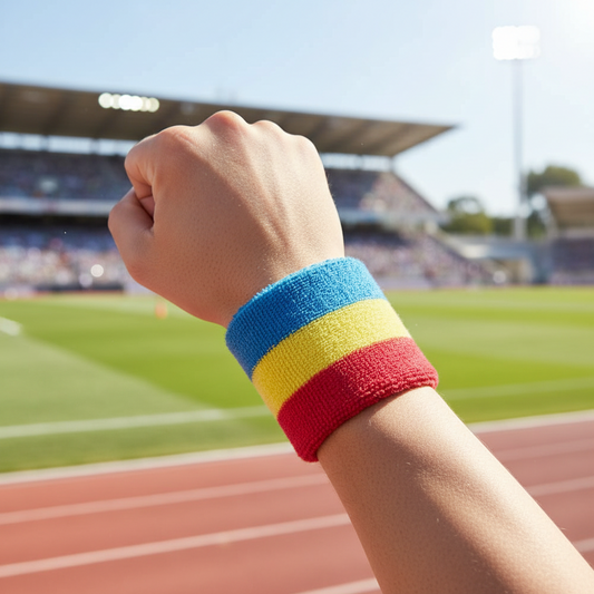 A close-up of a person's raised fist wearing a three-colored athletic wristband with blue, yellow, and red horizontal stripes, set against a blurred stadium background.