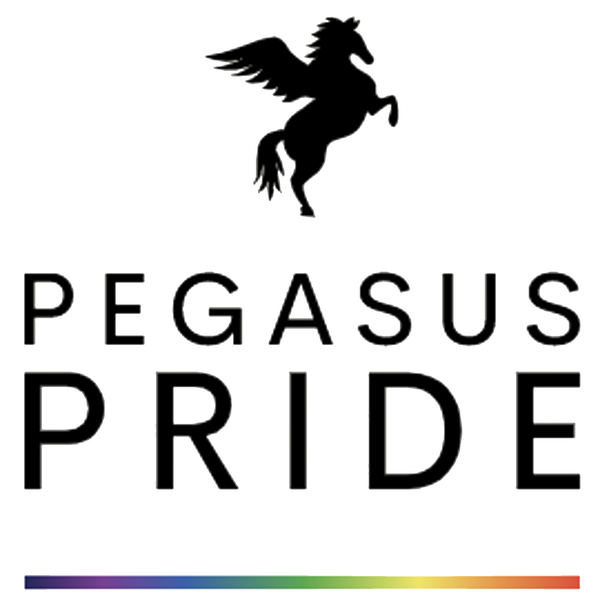 Pegasus Pride Logo has a black Pegasus raised on hind legs above the words Pegasus Pride with a gradient rainbow line underneath