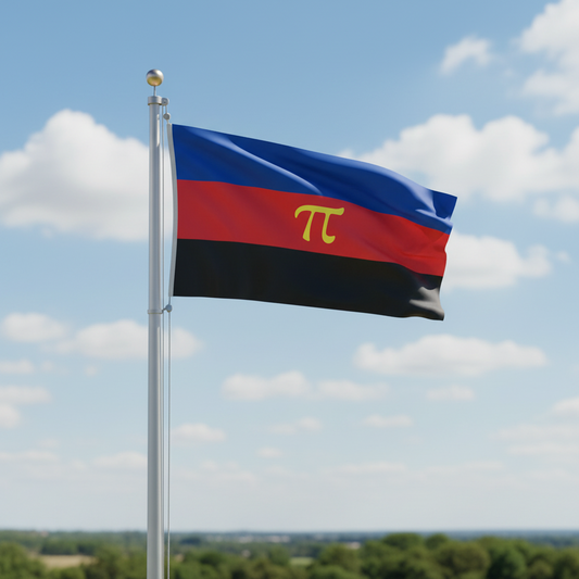 A flag on a silver flagpole outdoors against a blue sky with white clouds. The flag has three horizontal bands in blue, red, and black, with a yellow pi symbol in the center red band.