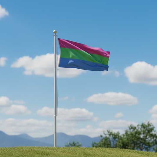 A three-stripe pride flag with pink, green, and blue horizontal bands waving on a silver flagpole outdoors against a blue sky with clouds.