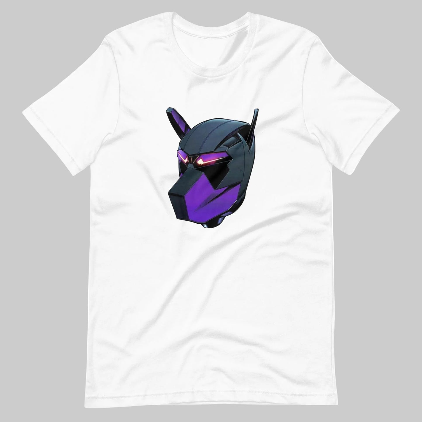 white t-shirt with a stylized, purple and gray graphic of a futuristic puppy play hood