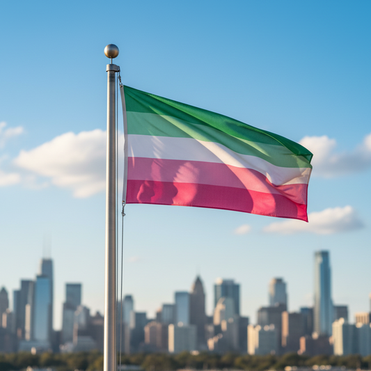 abrosexual pride flag attached to a flagpole waving in the breeze with a blue sky and city scape in background. the flag has 5 stripes, dark green, light green, white, light pink, and dark pink.