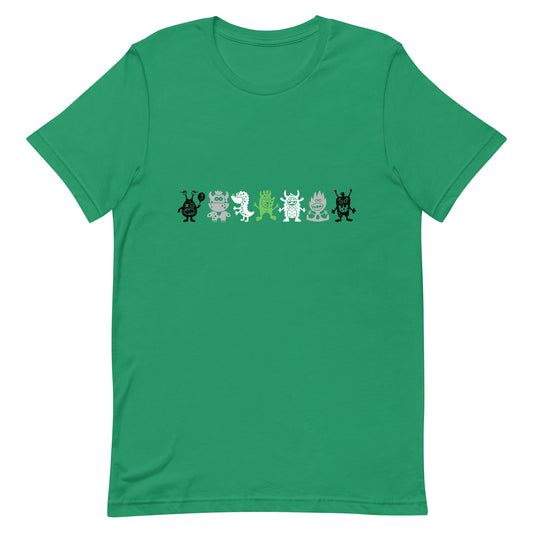 green t-shirt with a graphic print of various stylized monster characters in agender pride colors
