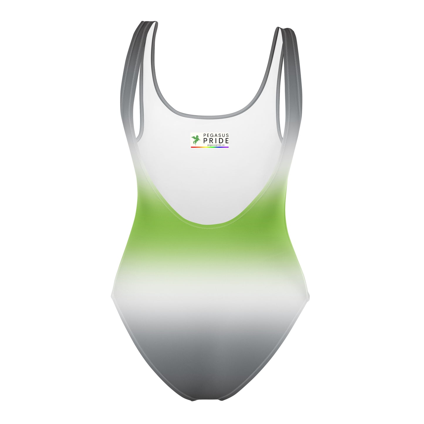 Gradient swimsuit with white, green, and gray colors on a white background