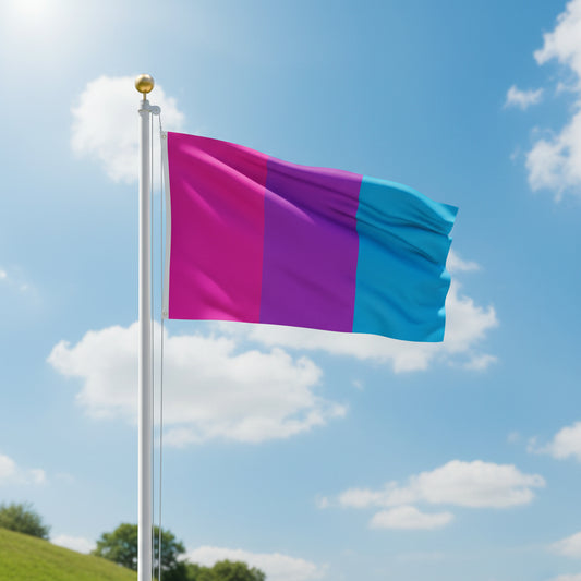 Androgyne pride flag with pink, purple, and blue vertical sections flown from a flagpole against a blue sky