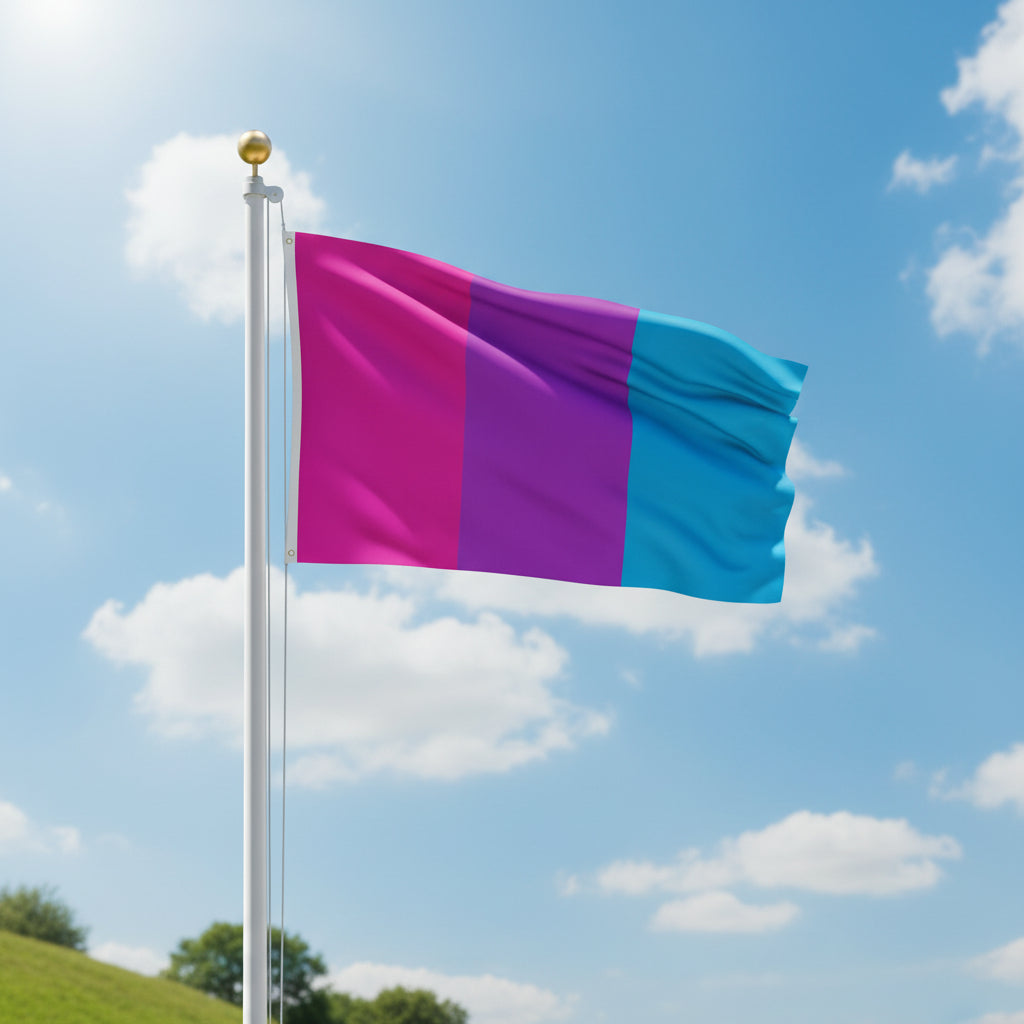 Androgyne pride flag with pink, purple, and blue vertical sections flown from a flagpole against a blue sky