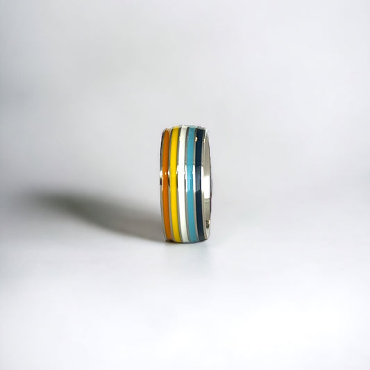 Silver ring with Aroace pride stripes on a white background