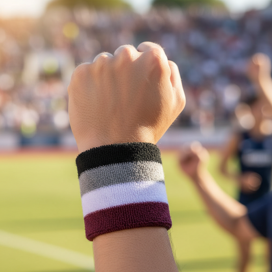 A close-up of a wrist wearing a striped athletic sweatband with black, gray, white, and purple bands, set against a blurred outdoor track and field stadium background.