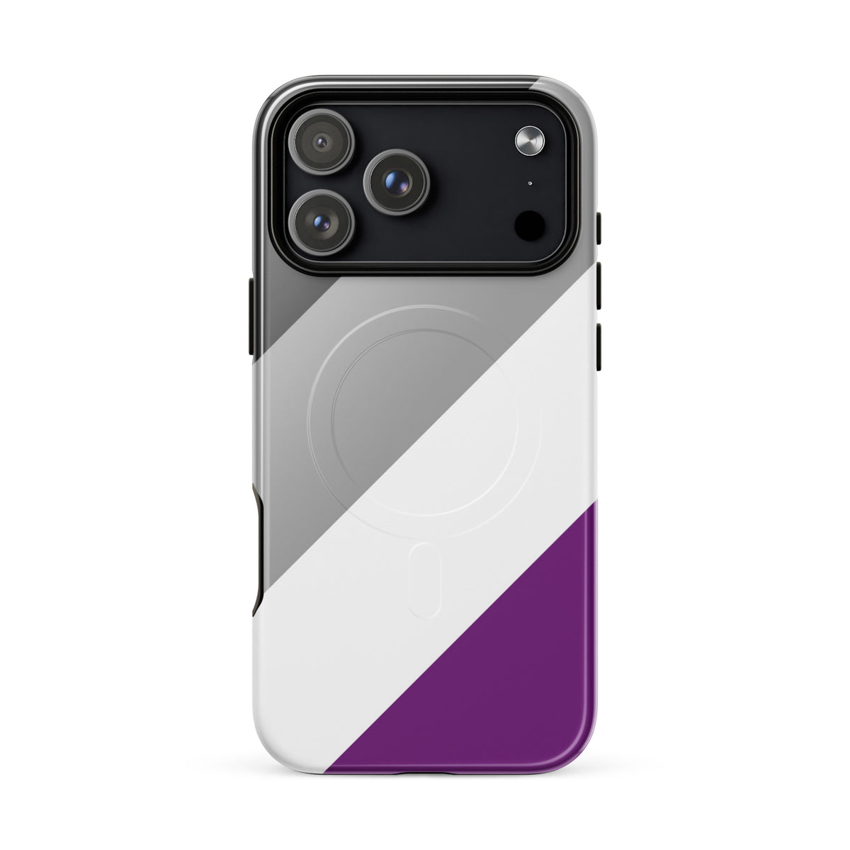 iPhone case with a geometric design featuring purple, white, and gray colors on a white background.