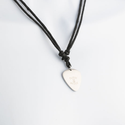 Necklace with a guitar pick pendant on a white background