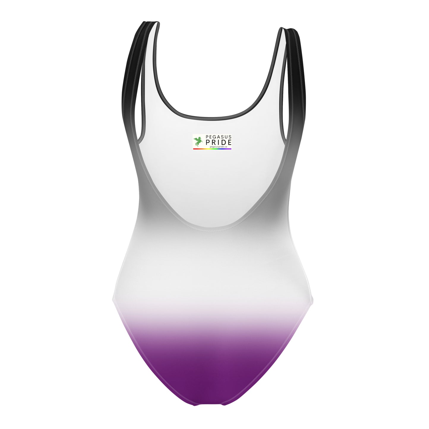 One-piece swimsuit with gradient design and 'Pegasus Pride' branding on a white background