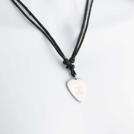 Necklace with a guitar pick pendant on a white background