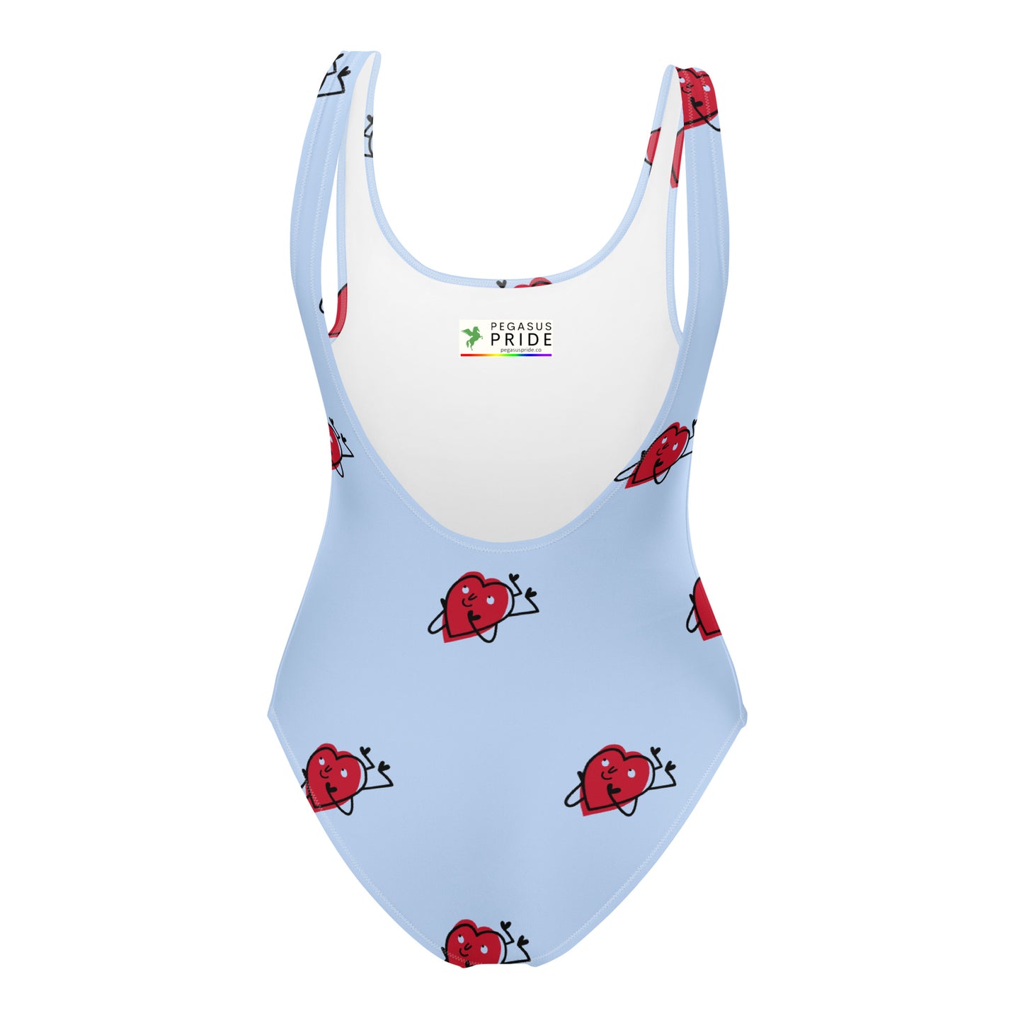 One-piece swimsuit with red heart pattern on a light blue background