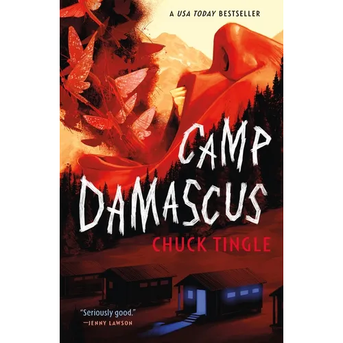Book cover of 'Camp Damascus' by Chuck Tingle with a fiery mountain and cabin scene.