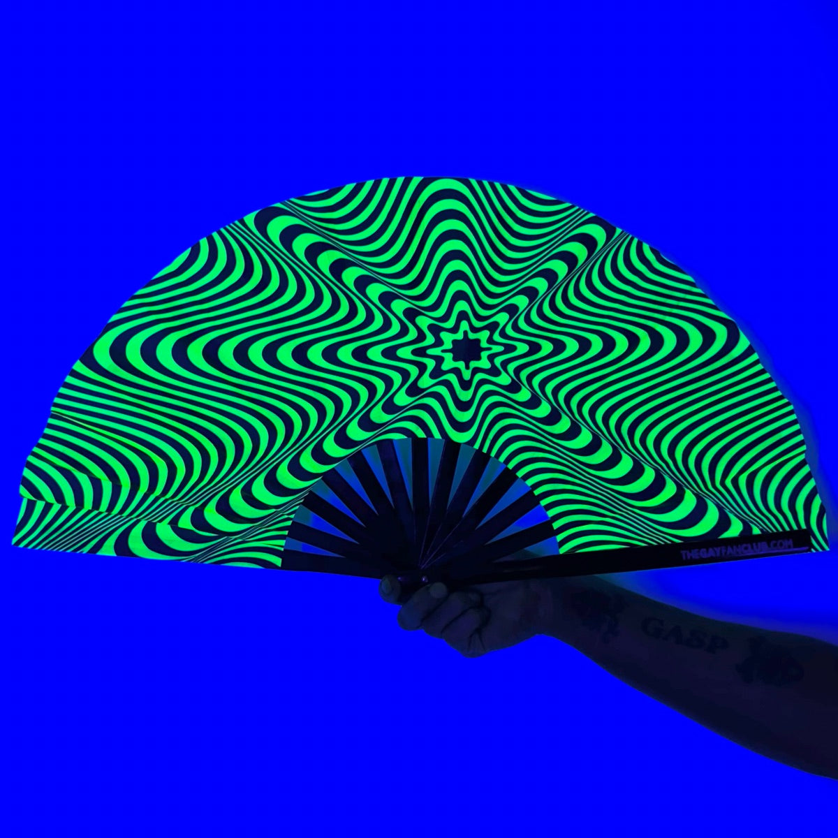 Clack Hand Fan - Stranger Danger (UV) clack-hand-fan-stranger-danger-uv-the-gay-fan-club-blacklight