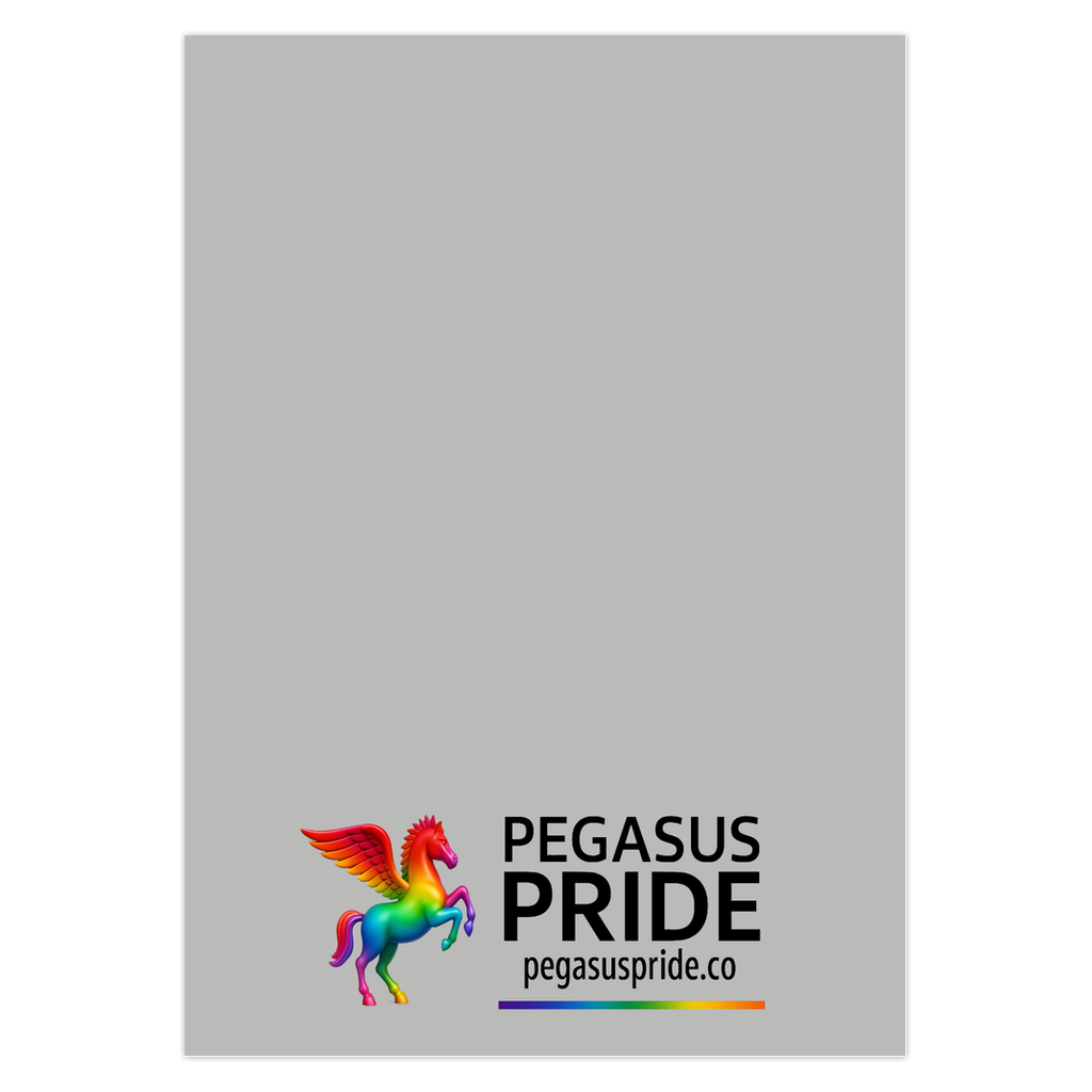 Pegasus Pride logo with a rainbow-colored Pegasus on a gray background
