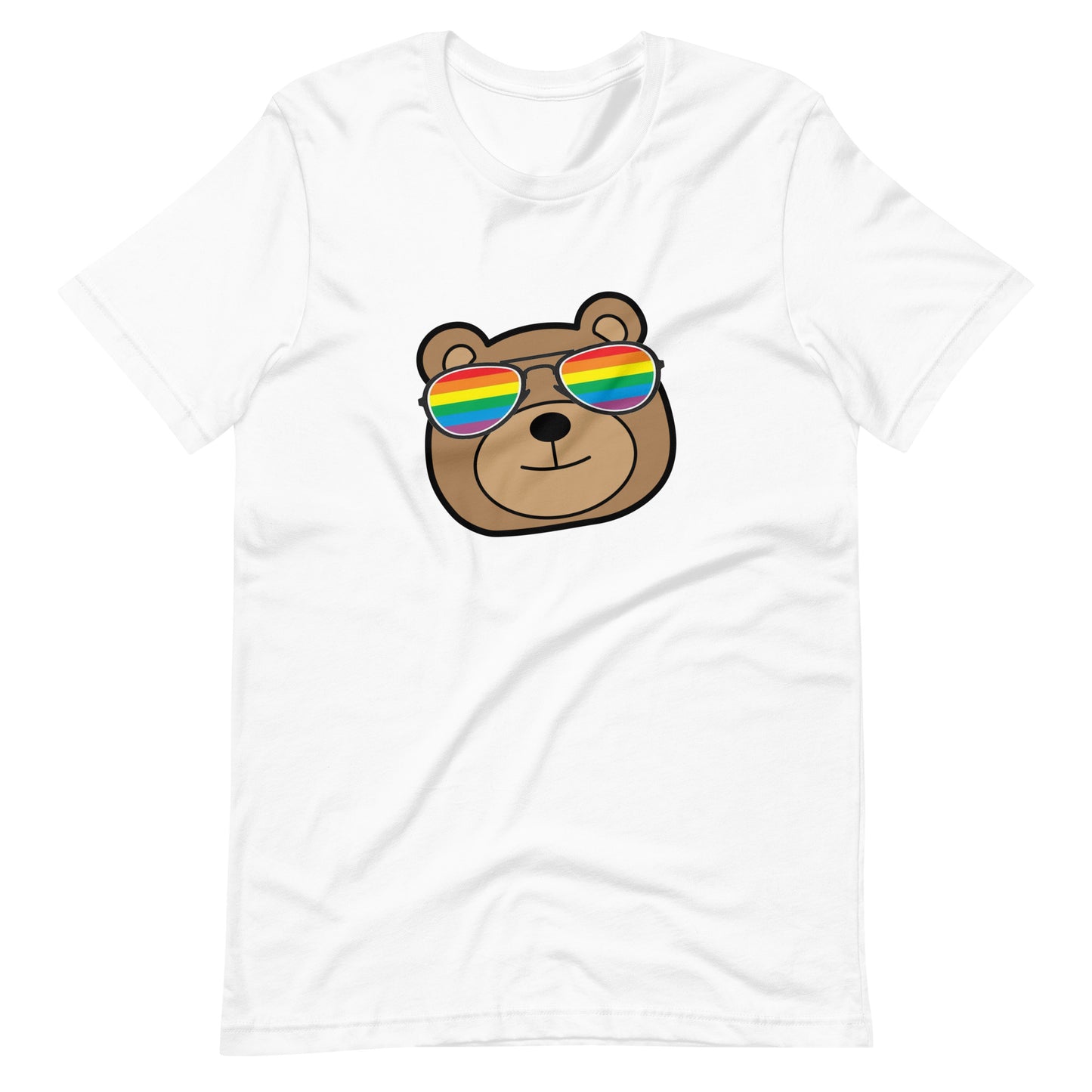 Gay Bear in Rainbow Sunglasses Unisex T-shirt White gay-bear-in-rainbow-sunglasses-unisex-t-shirt-white-front