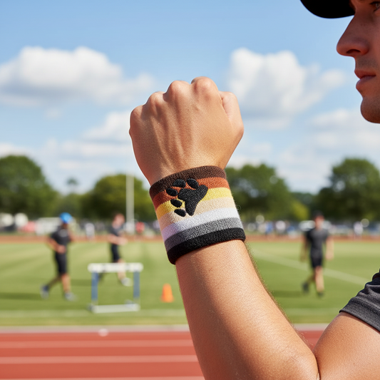 A close-up of a person's forearm and hand wearing a striped athletic wristband with a black embroidered paw, set against a blurred outdoor track and field background.