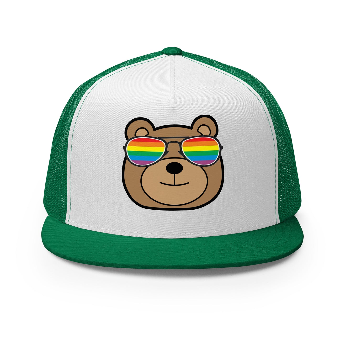 Gay Bear with Rainbow Sunglasses Trucker Baseball Cap Hat Kelly White Kelly Gay gay-bear-with-rainbow-sunglasses-trucker-baseball-cap-hat-green-white-kelly-front Trucker Caps