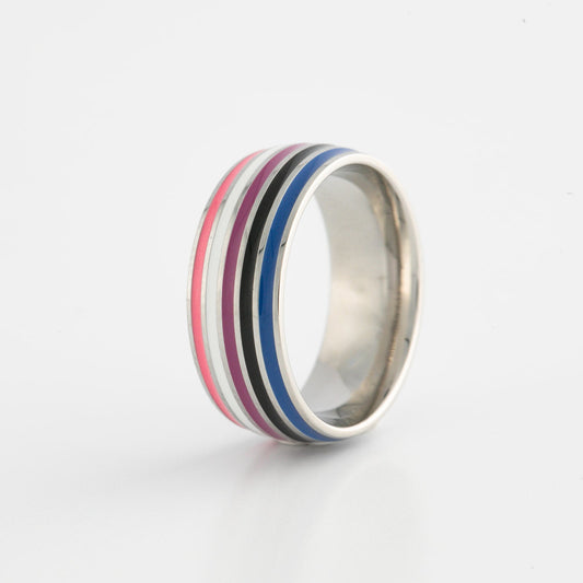 Silver ring with genderfluid pride stripes on a white background