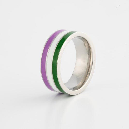 Ring with genderqueer pride stripes on a white background