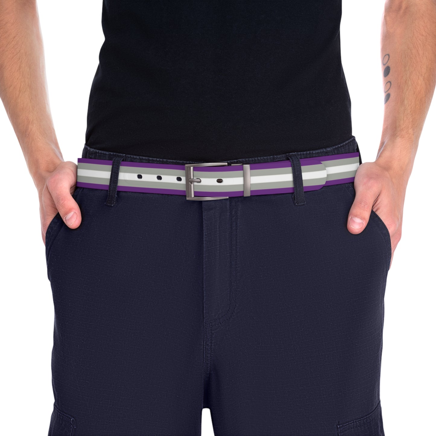 Navy shorts with a purple and gray greysexual pride striped belt on a white background