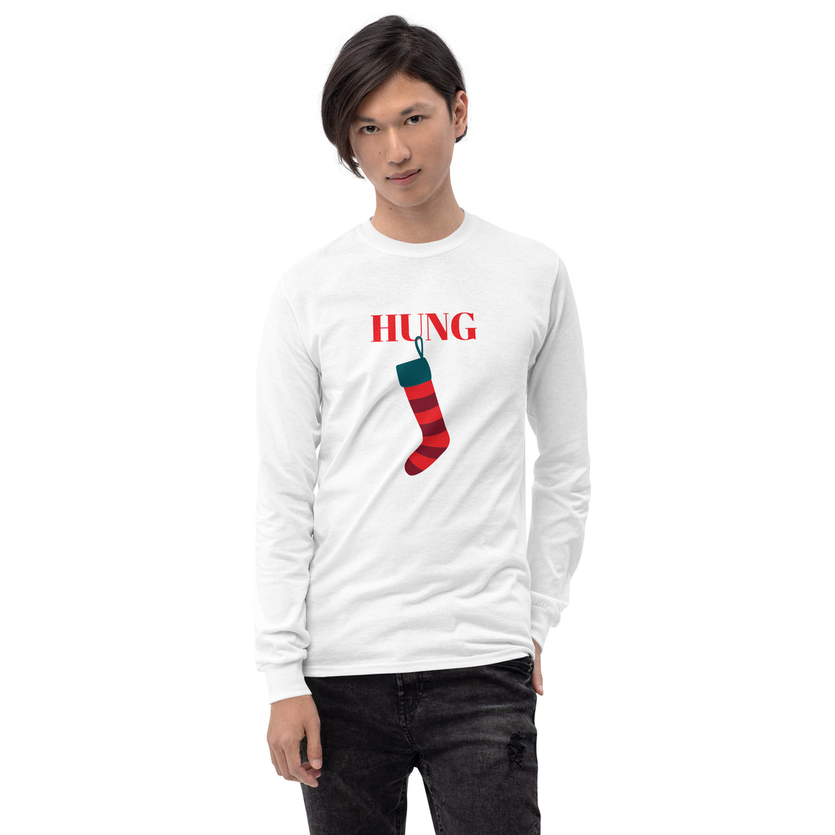 person wearing a white long sleeve shirt with red text that reads 'hung' with a holiday stocking hanging from the letter 'U'