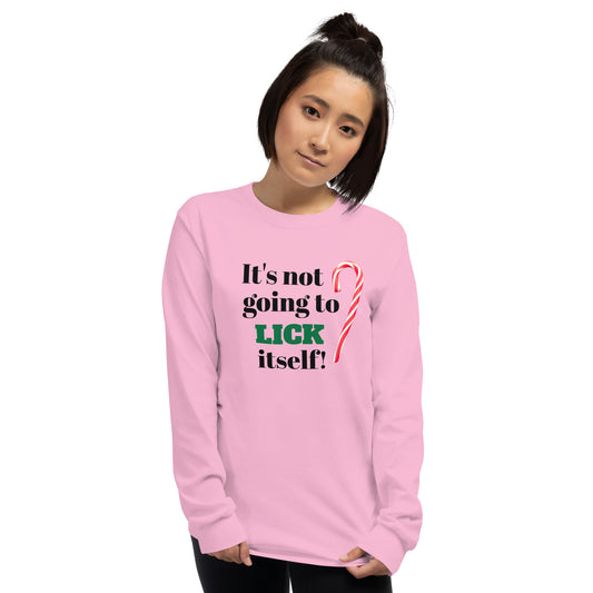 person wearing a pink long sleeve shirt tee shirt with black and green text 'it's not going to lick itself' and a red and white striped holiday candy cane