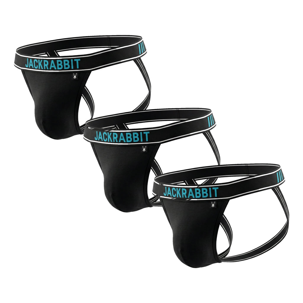 Three black athletic jockstraps with 'Jackrabbit' branding on a white background