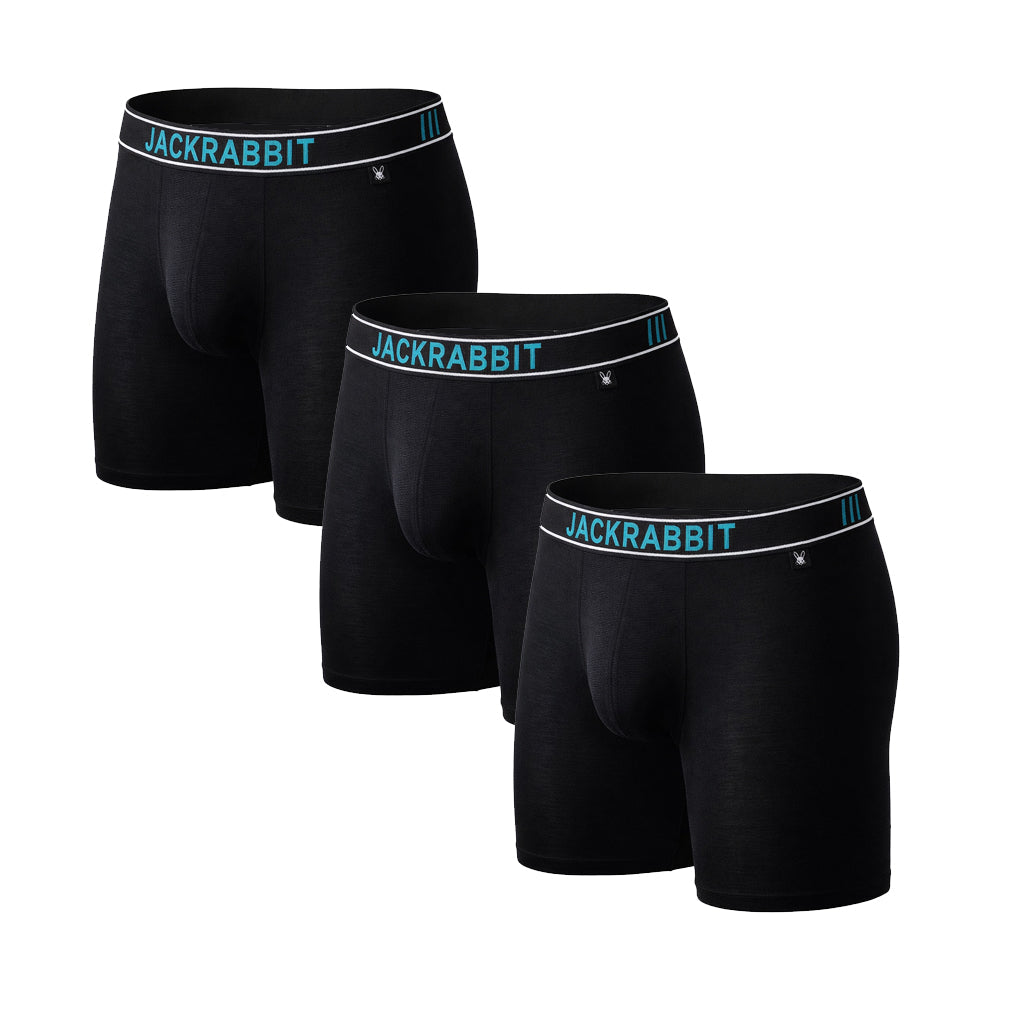 Three pairs of black boxer briefs with 'Jackrabbit' branding on a white background