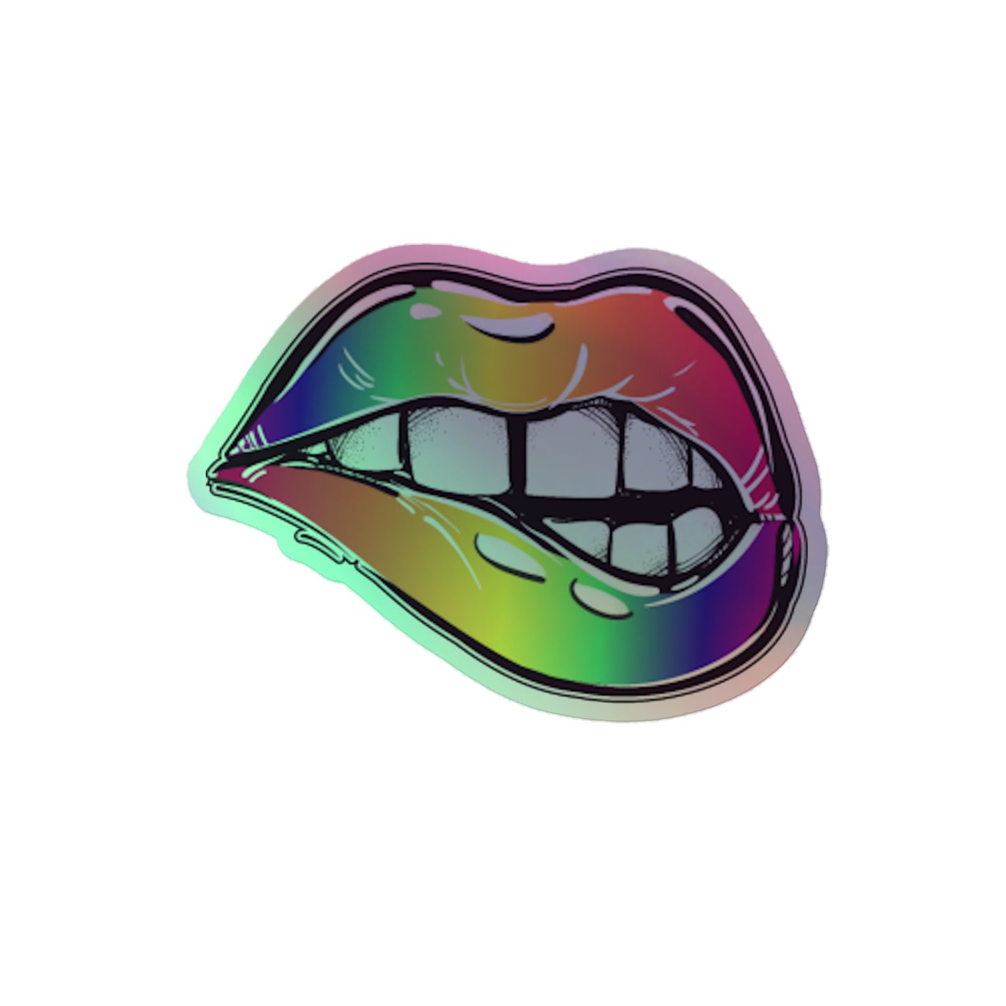 LGBTQ Pride Holographic Sticker - Rainbow Lips 4″ Pride kiss-cut-holographic-stickers-grey-4x4-front-64a3433feb231