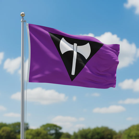 Flag with a black triangle featuring a white labrys axe symbol on a purple background