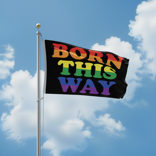 A black flag on a silver flagpole outdoors against a blue sky with white clouds. The flag reads “BORN THIS WAY” in large rainbow-colored letters.