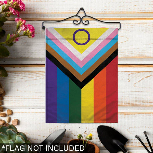 LGBTQ Inclusive Progress Pride Garden Flag 12x18in garden-flag-wall-hanger-black-lifestyle