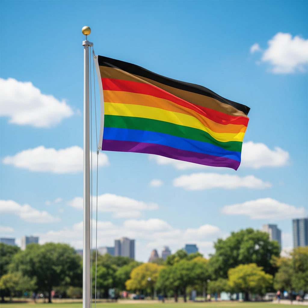 Philly Rainbow pride flag with black, brown, red, orange, yellow, green, blue, and purple stripes on a white background