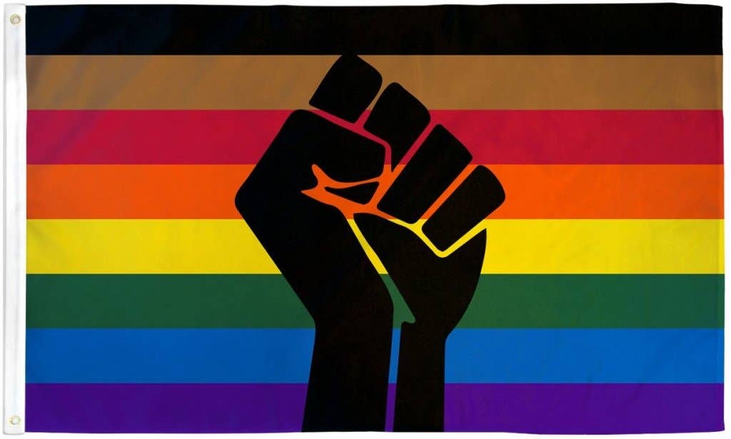 LGBTQ Philly Rainbow Pride Flag 8 Stripe 3x5 - Resist Fist lgbtq-philly-rainbow-pride-flag-8-stripe-3x5-resist-fist-details Flags