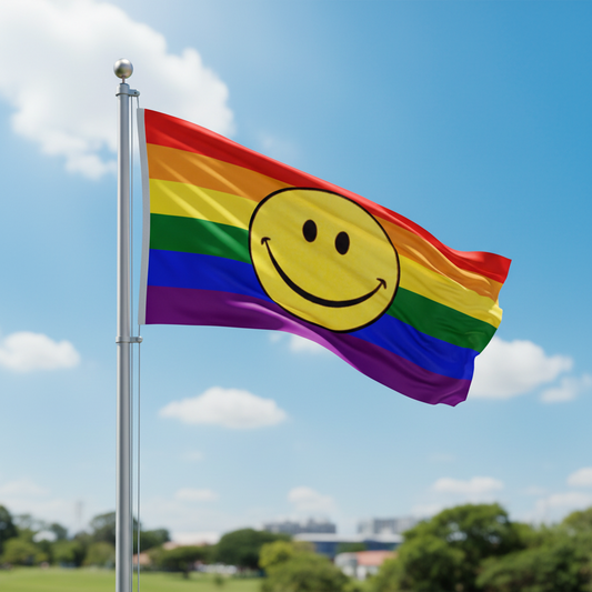 A rainbow pride flag with a large yellow smiley face in the center, attached to a silver flagpole outdoors against a blue sky with clouds.