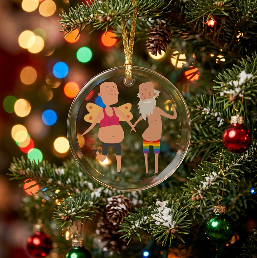 Glass holiday ornament hanging on a christmas tree with light. Ornament is of two older men holding hands. One has angel wings and the other is wearing rainbow pride shorts