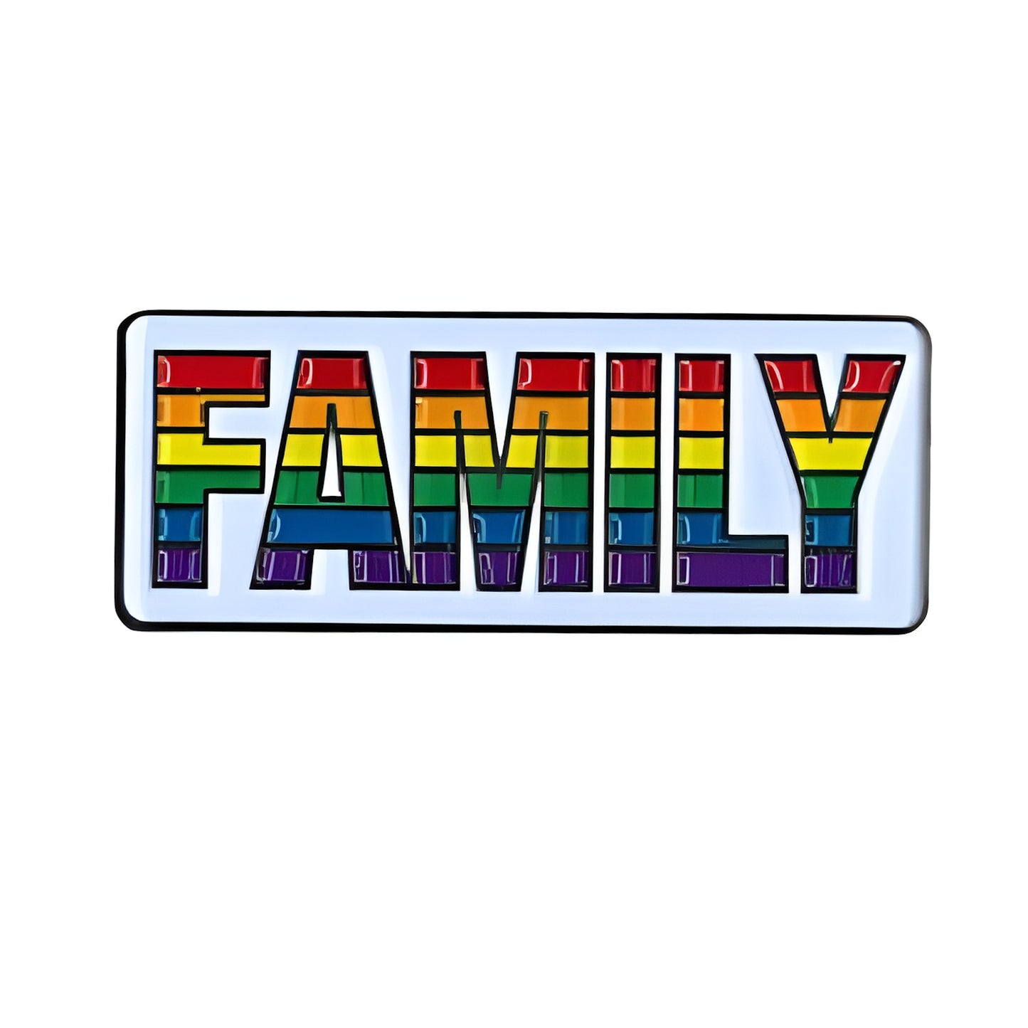 LGBT pride Rainbow-colored lapel pin with the word 'FAMILY' on a white background