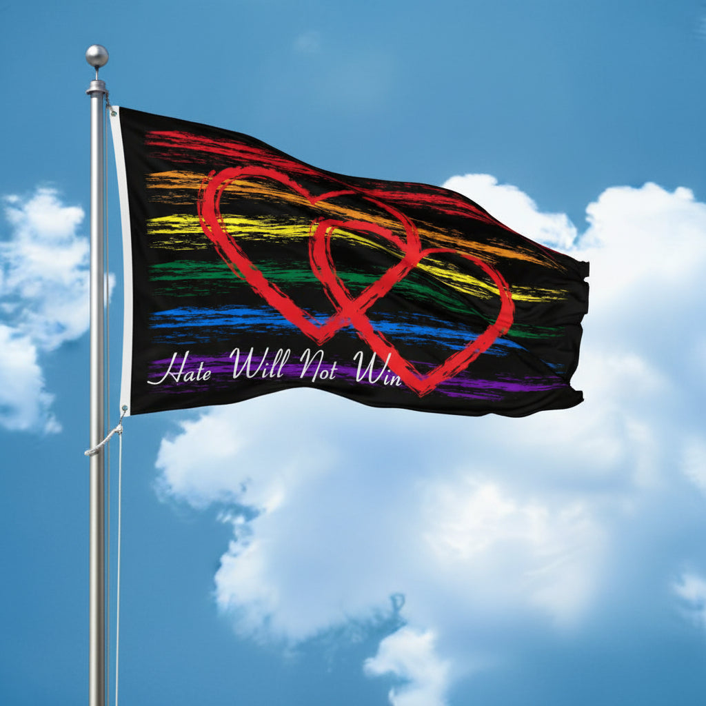 Pride flag with rainbow stripes, intertwined hearts and 'Hate Will Not Win' text on a black background