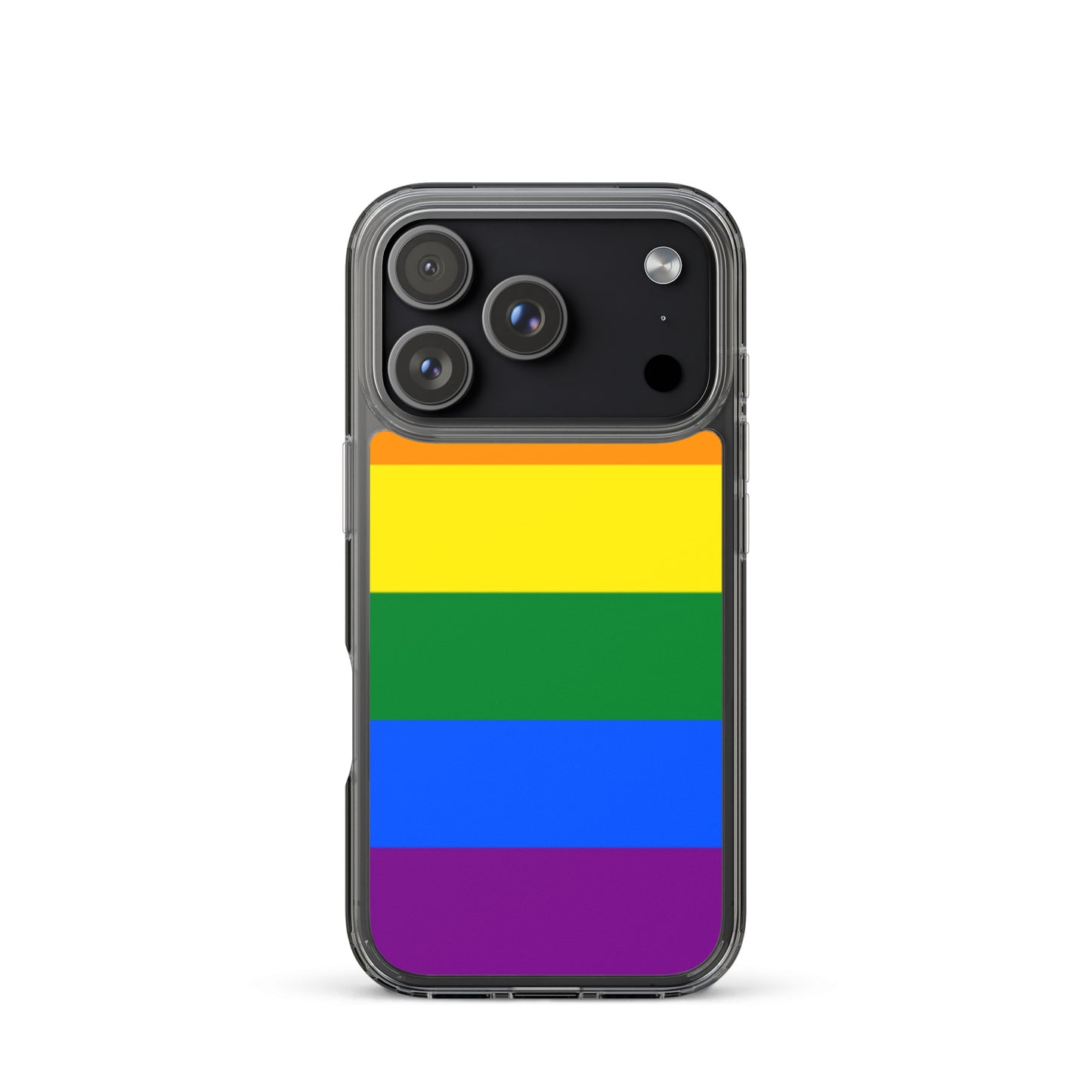 Apple iPhone 17 Pro cell phone case with LGBT Rainbow Pride Flag design on white background