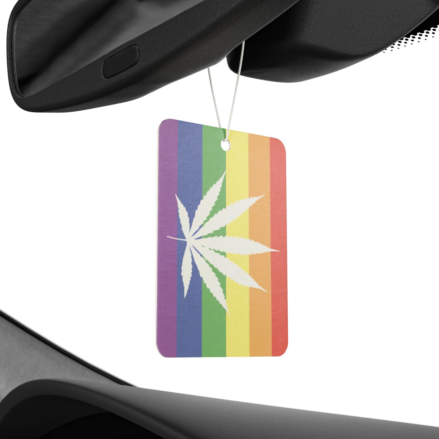 LGBTQ Pride Flag Marijuana Car Air Freshener lgbtq-pride-flag-marijuana-car-air-freshener-on-mirror