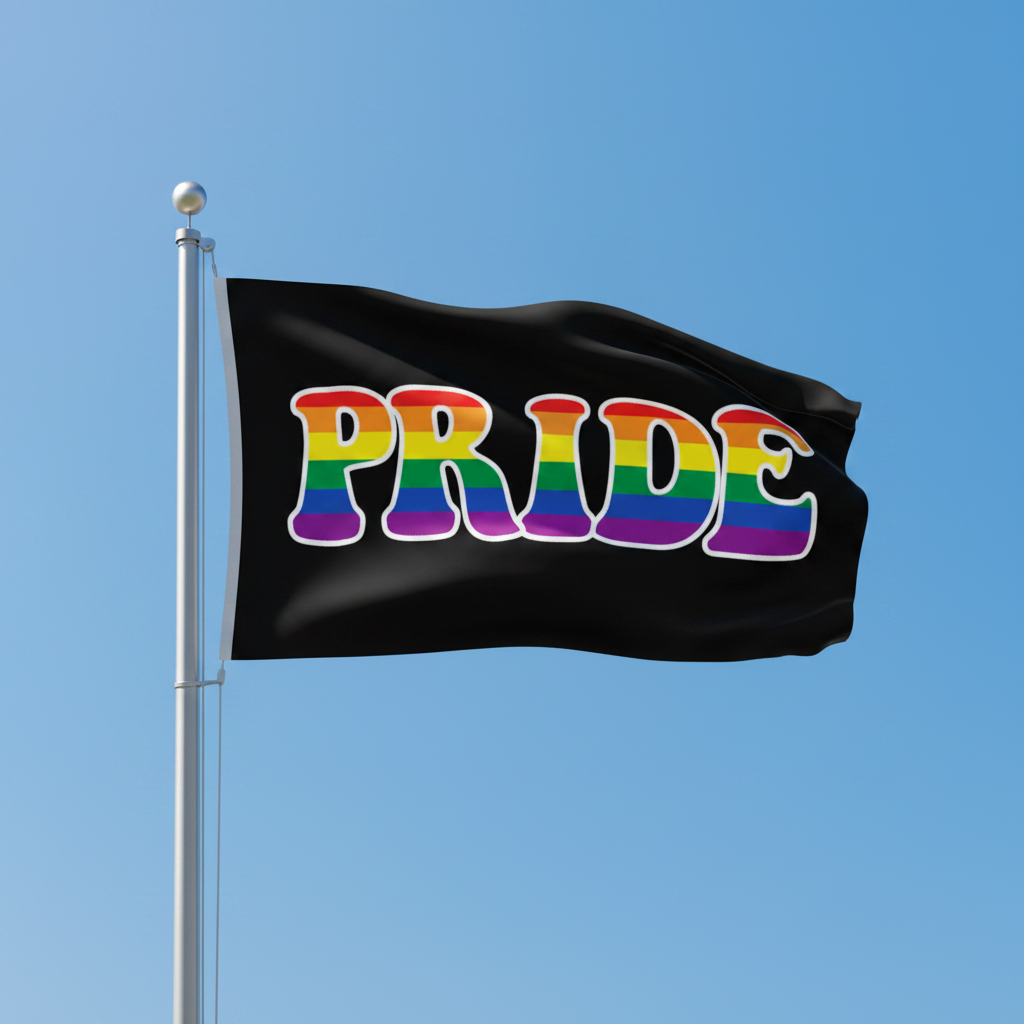 A black flag on a silver flagpole featuring the word 'PRIDE' in large rainbow-colored letters with a white outline, set against a clear blue sky.