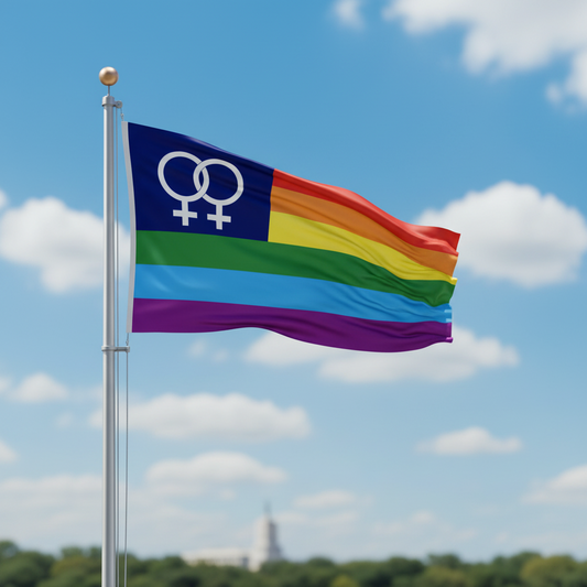 An LGBTQ pride American flag with the double-gender symbol in the canton, waving on a silver flagpole against a bright blue sky with white clouds.